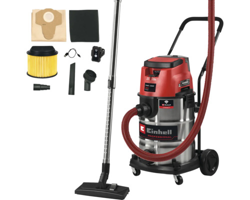 Einhell Professional Akku Nass Trockensauger mit Zubehör wie Filter und Saugrohr.