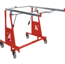 Plattenheber von Holzmann für den Trockenbau mit verstellbarem Rahmen auf Rollen für die Deckenmontage von Gipskartonplatten.