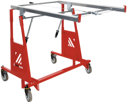 Plattenheber von Holzmann für den Trockenbau mit verstellbarem Rahmen auf Rollen für die Deckenmontage von Gipskartonplatten.