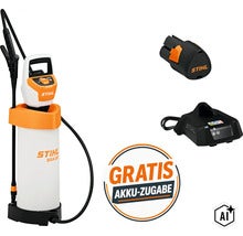 Stihl Akku Sprühgerät SGA 30 mit Akku und Ladegerät sowie Aktionshinweis auf gratis Akku Zugabe (Image AI modified or generated)