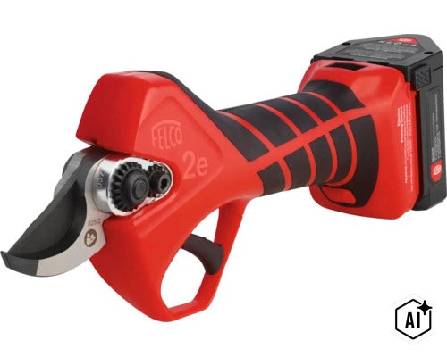 Elektrische Akku-Gartenschere Felco 2e mit ergonomischem Griff für effizientes Schneiden von Zweigen und Ästen im Garten. (Image AI modified or generated)