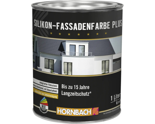 Dose Hornbach Silikon Fassadenfarbe Plus mit Langzeitschutz für Außenwände, wasserabweisend mit Abperleffekt und 1 Liter Inhalt.