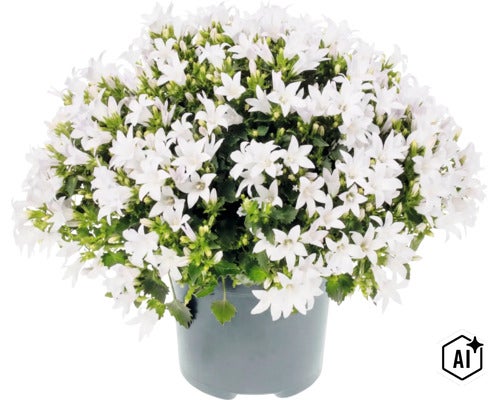 Eine blühende Glockenblume in einem Kunststofftopf mit vielen weißen Blüten und grünen Blättern. (Image AI modified or generated)