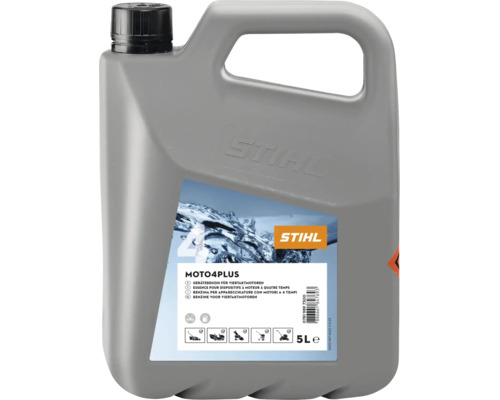 Stihl Moto4Plus Gerätebenzin für Viertaktmotoren in einem 5 Liter Kanister.