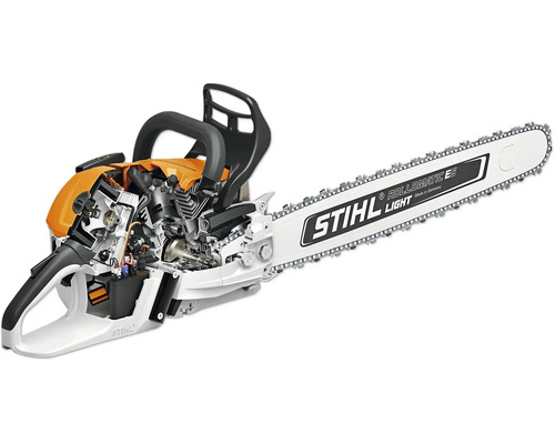 Stihl Motorsäge mit Rollomatic ES Light Führungsschiene im Schnittmodell zur Ansicht der technischen Komponenten