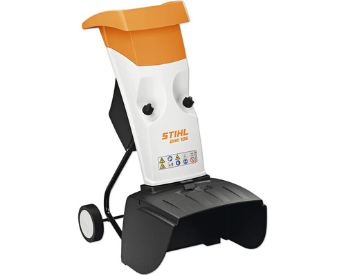 Elektro-Häcksler Stihl GHE 105 mit Einfülltrichter und Fahrwerk für die Gartenarbeit.