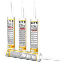 Vier Kartuschen PCI Glasferm Hybrid Klebstoff für transparente Materialien jeweils 290 Milliliter Inhalt mit Sika Logo