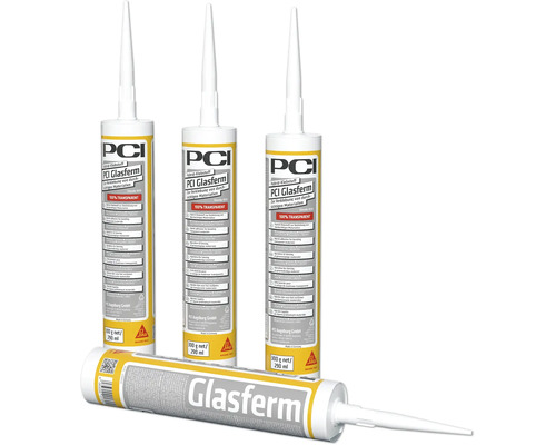 Vier Kartuschen PCI Glasferm Hybrid Klebstoff für transparente Materialien jeweils 290 Milliliter Inhalt mit Sika Logo