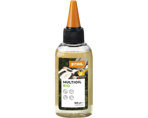 Stihl Multioil Bio Universalöl, 50 Milliliter Flasche mit Dosierspitze zur Schmierung und Pflege von Motorsägen und Gartenwerkzeugen.
