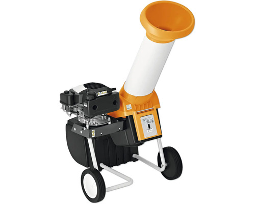 Stihl Gartenhäcksler mit Benzinmotor zum Zerkleinern von Gartenabfällen mit Trichter und Fahrwerk