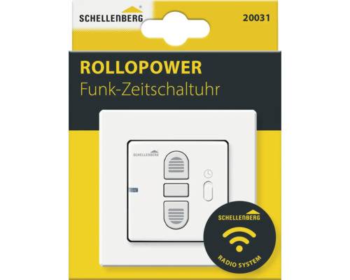 Schellenberg Rollopower Funk-Zeitschaltuhr für Rollläden mit Bedienfeld in der Verpackung.