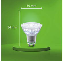 Philips LED Lampe mit GU10 Sockel und Maßangaben 50 Millimeter Durchmesser und 54 Millimeter Höhe