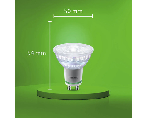 Philips LED Lampe mit GU10 Sockel und Maßangaben 50 Millimeter Durchmesser und 54 Millimeter Höhe