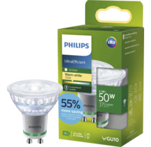 Philips LED Lampe GU10 2,1 Watt, warmweiß 2700 Kelvin, UltraEfficient für energieeffiziente Beleuchtung in der Produktverpackung.