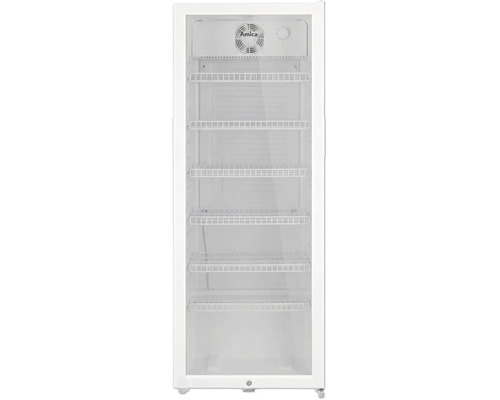 Amica Gewerbekühlschrank mit Glastür und fünf verstellbaren Drahtablagen für optimale Warenpräsentation.