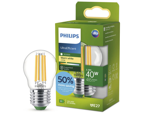 Philips LED Tropfenlampe 2.3 Watt ersetzt 40 Watt E27 Fassung warmweißes Licht 2700 Kelvin in Verpackung