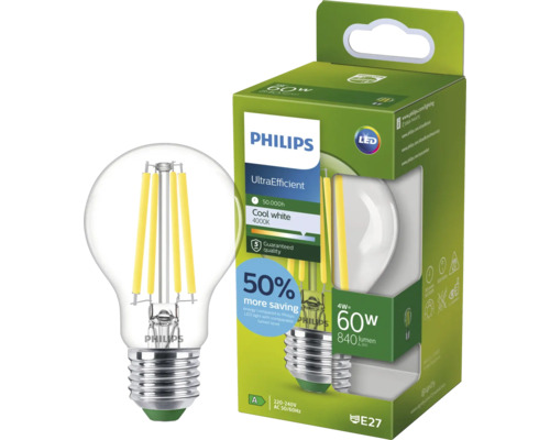 Philips LED Lampe E27 4 Watt 840 Lumen kaltweiß 4000 Kelvin im Vergleich zu 60 Watt Glühlampe