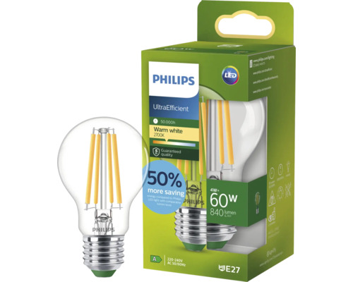 Philips LED Lampe E27, 4 Watt, 840 Lumen, warmweiße Lichtfarbe 2700 Kelvin, dimmbar, energieeffizient, in der Verpackung.