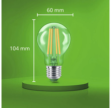Philips LED Filament Lampe mit E27 Sockel, 60 Millimeter Durchmesser und 104 Millimeter Gesamthöhe.