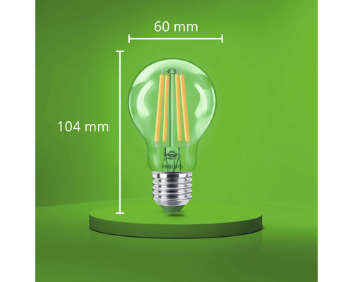 Philips LED Filament Lampe mit E27 Sockel, 60 Millimeter Durchmesser und 104 Millimeter Gesamthöhe.