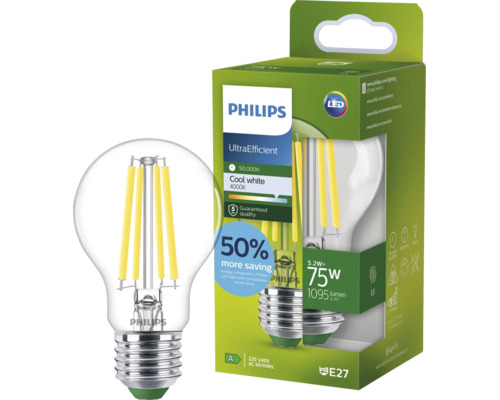 Philips LED Filament Lampe E27, 5,2 Watt entspricht 75 Watt, 1095 Lumen, 4000 Kelvin, kühles Weiß, effiziente Beleuchtung