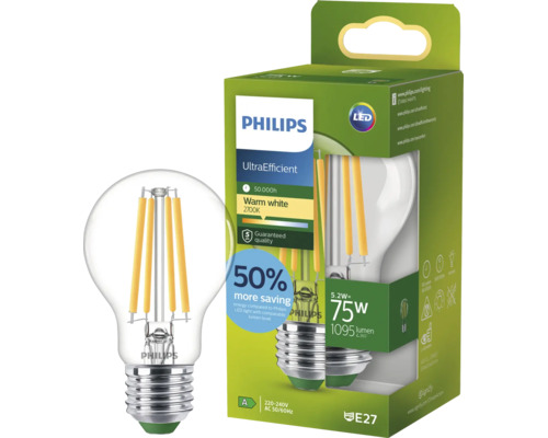 Philips LED Lampe E27, 5,2 Watt entspricht 75 Watt, 1095 Lumen, warmweiß 2700 Kelvin, UltraEfficient Filament Leuchtmittel