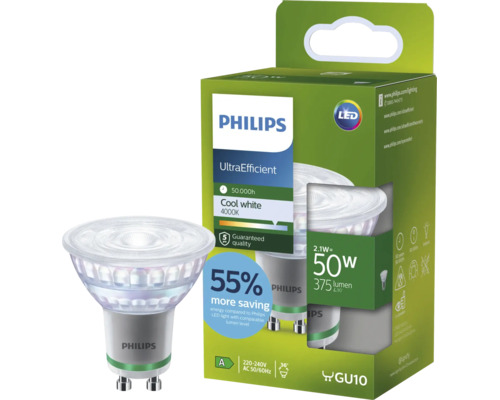 Philips UltraEfficient LED Lampe GU10 2,1 Watt, 4000 Kelvin kaltweiß, 50.000 Stunden Lebensdauer, 375 Lumen, energiesparendes LED Leuchtmittel.