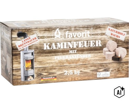 Favorit Kaminfeuer Anzündholz aus Naturholz und Wachs im 2,5 Kilogramm Karton (Image AI modified or generated)