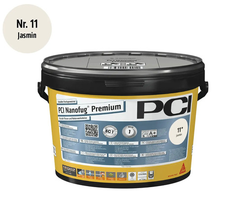 PCI Nanofug Premium Flexfugenmoertel in der Farbe Jasmin im Eimer.