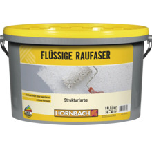 Ein Eimer Hornbach Flüssige Raufaser Strukturfarbe mit zehn Litern Inhalt für circa dreißig bis vierzig Quadratmeter Reichweite.