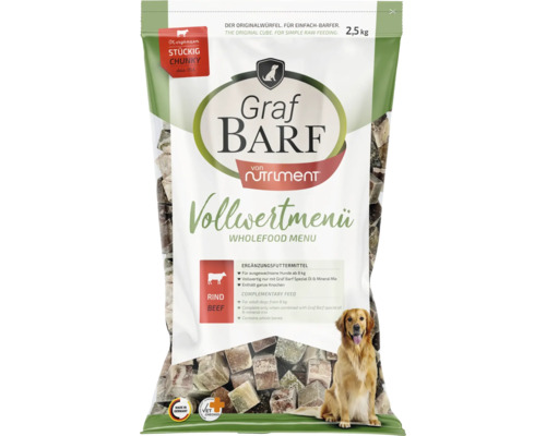 Graf BARF Rind Vollwertmenü Hundefutter als gefrorene Würfel, 2,5 Kilogramm Beutel.
