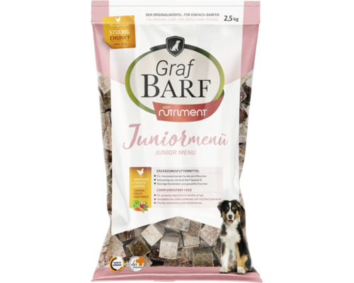 Graf Barf Junior-Menü Hühnchen mit Früchten und Gemüse für heranwachsende Hunde, 2,5 Kilogramm Beutel.