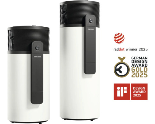 Zwei Stiebel Eltron Warmwasser Wärmepumpen mit Red Dot Award, German Design Award Gold und IF Design Award.