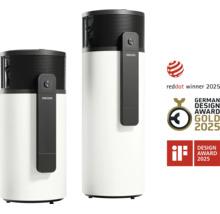 Zwei Stiebel Eltron Warmwasser Wärmepumpen mit Red Dot Design Award, German Design Award Gold und iF Design Award Auszeichnungen für das Jahr 2025.