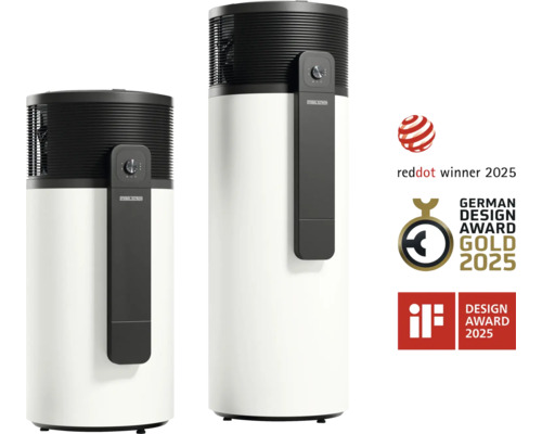 Zwei Stiebel Eltron Warmwasser Wärmepumpen mit Red Dot Design Award, German Design Award Gold und iF Design Award Auszeichnungen für das Jahr 2025.