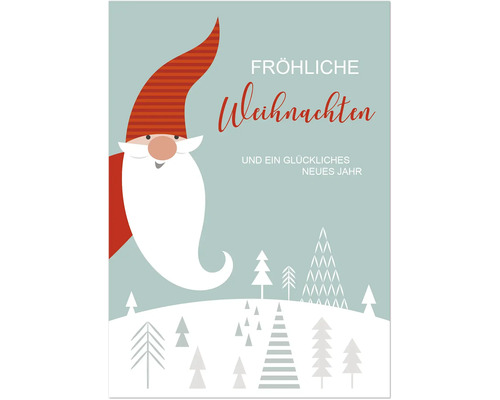 Weihnachtskarte mit illustriertem Weihnachtswichtel und stilisierter Winterlandschaft sowie Text Fröhliche Weihnachten und ein glückliches neues Jahr