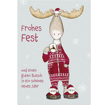 Weihnachtskarte mit Illustration eines Elchs im Schlafanzug mit Weihnachtsmütze und Tasse sowie Text Frohes Fest und guten Rutsch