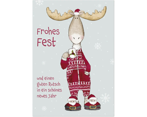 Weihnachtskarte mit Illustration eines Elchs im Schlafanzug mit Weihnachtsmütze und Tasse sowie Text Frohes Fest und guten Rutsch