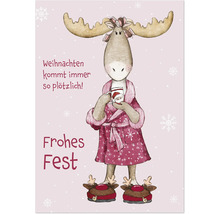 Weihnachtskarte mit illustriertem Elch im Bademantel und Rentierhausschuhen mit dem Text Weihnachten kommt immer so plötzlich Frohes Fest
