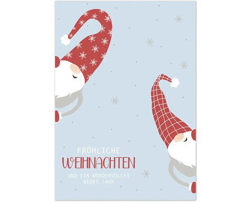 Weihnachtskarte mit zwei Wichteln und dem Text Froehliche Weihnachten und ein wundervolles neues Jahr