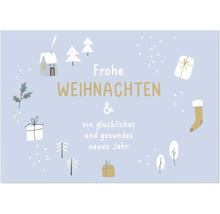 Weihnachts- und Neujahrsgrußkarte mit illustrierten Wintermotiven wie Häusern, Tannenbäumen, Geschenken und einem Weihnachtsstiefel.