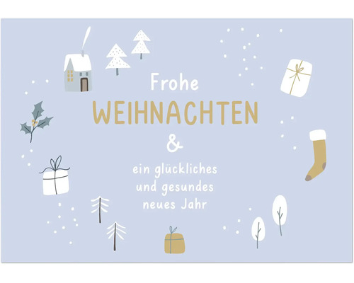 Weihnachts- und Neujahrsgrußkarte mit illustrierten Wintermotiven wie Häusern, Tannenbäumen, Geschenken und einem Weihnachtsstiefel.