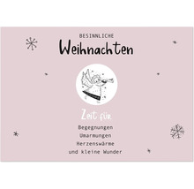 Weihnachtliche Grußkarte mit einer Engelsillustration, Schneeflocken und dem Schriftzug Besinnliche Weihnachten.