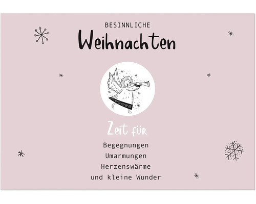 Weihnachtliche Grußkarte mit einer Engelsillustration, Schneeflocken und dem Schriftzug Besinnliche Weihnachten.