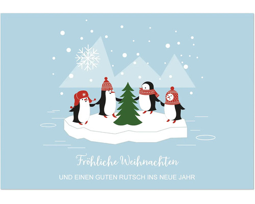 Weihnachtskarte mit Pinguinen die um einen Tannenbaum stehen in einer verschneiten Winterlandschaft mit Frohe Weihnachten Schriftzug.