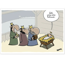 Cartoon der Heiligen Drei Könige die das Jesuskind in der Krippe besuchen welches ein Smartphone hält und von Followern spricht.