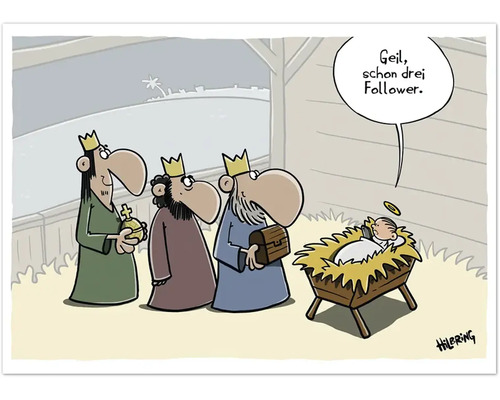 Cartoon der Heiligen Drei Könige die das Jesuskind in der Krippe besuchen welches ein Smartphone hält und von Followern spricht.
