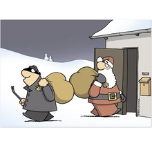 Eine humorvolle Zeichnung eines Einbrechers und des Weihnachtsmanns, die beide einen Sack tragen und aus einem Haus im Schnee kommen.