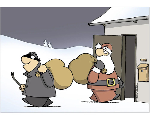 Eine humorvolle Zeichnung eines Einbrechers und des Weihnachtsmanns, die beide einen Sack tragen und aus einem Haus im Schnee kommen.