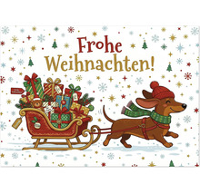 Weihnachtskarte mit einem Dackel, der einen mit Geschenken beladenen Schlitten zieht und der Aufschrift Frohe Weihnachten.
